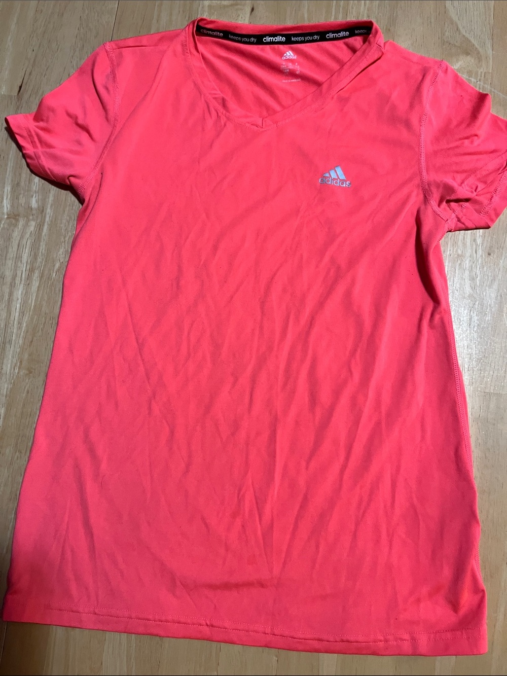 adidas Neon Coral V‑Neck Climalite Athletic Tee Women’s size Small
